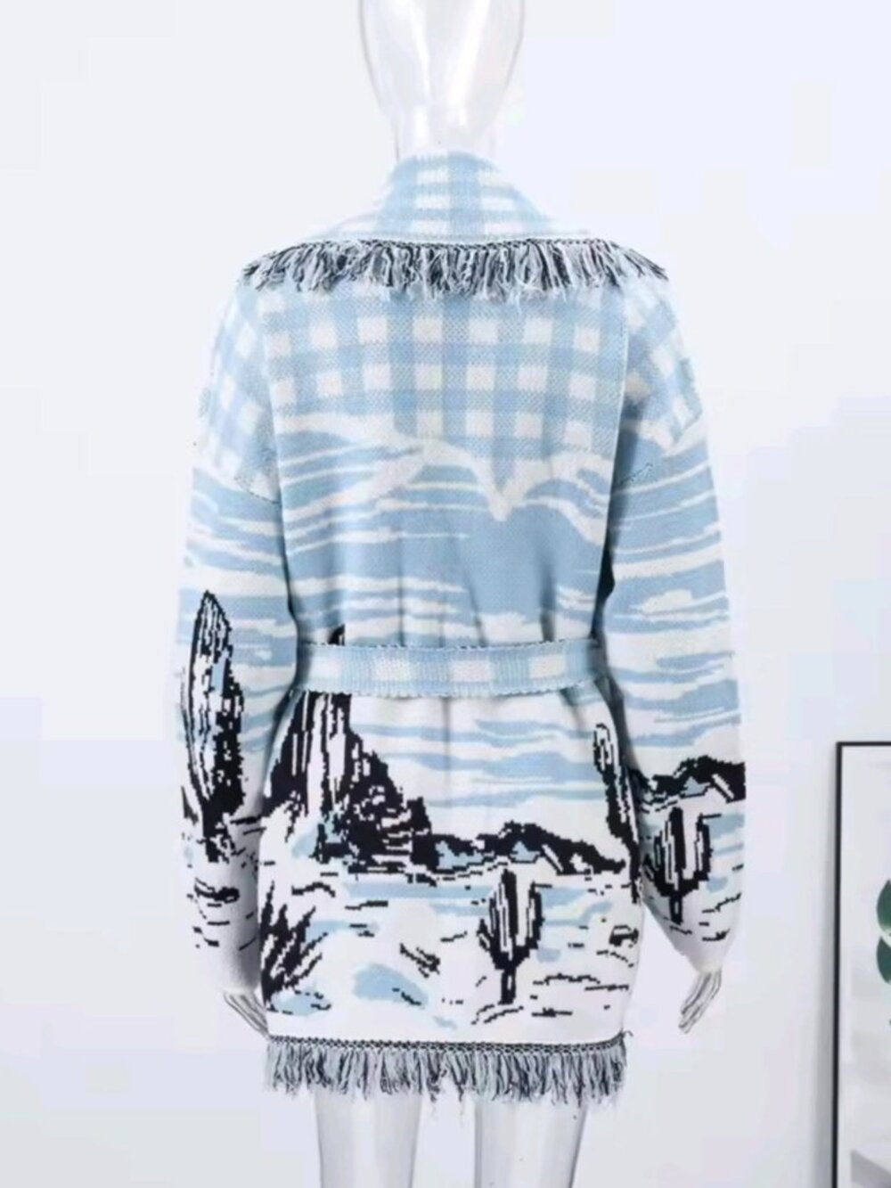 Vintage Jacquard Print Knit Fringe Cardigan Women Lapel Lace Up Loose Long Sleev - Picture 6 of 11